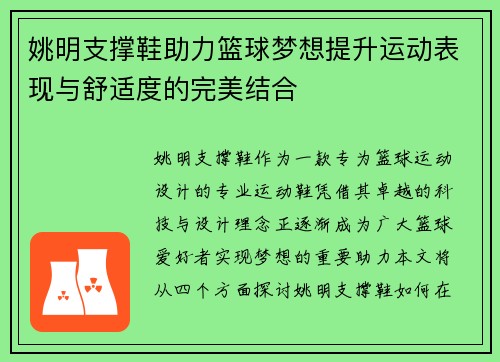 姚明支撑鞋助力篮球梦想提升运动表现与舒适度的完美结合